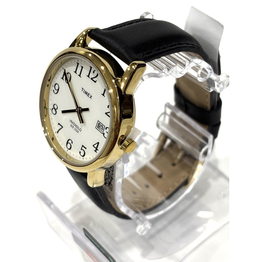 Timex Easy Reader Men's Gold Tone Watch White Dial Black Leather Band Date - Picture 3 of 10
